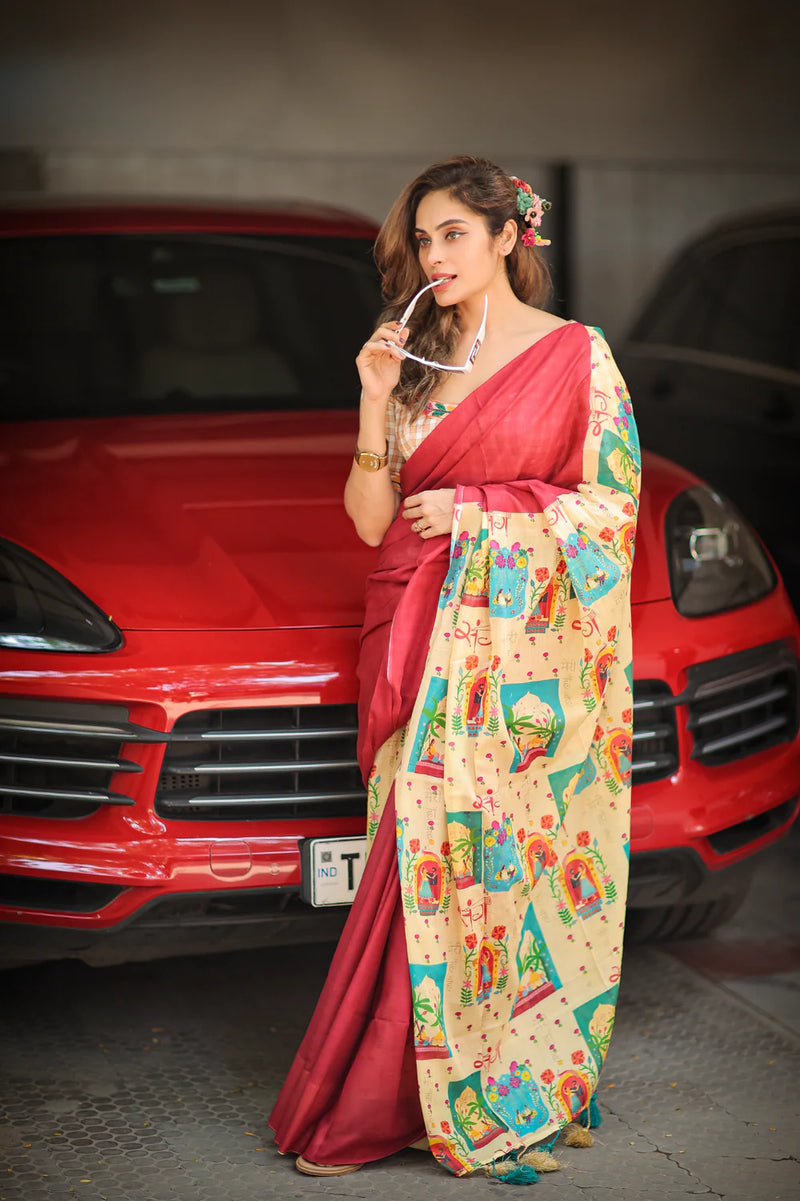 Red Mul Cotton Handcrafted Saree