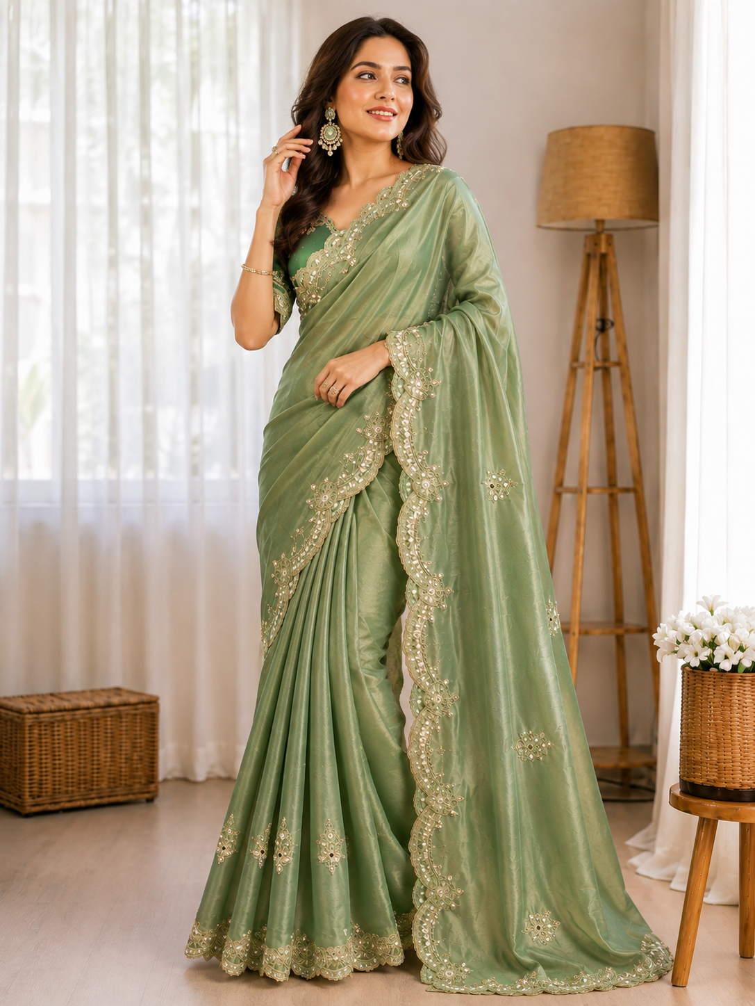 Sage Green Moss Chiffon Embroidered Saree