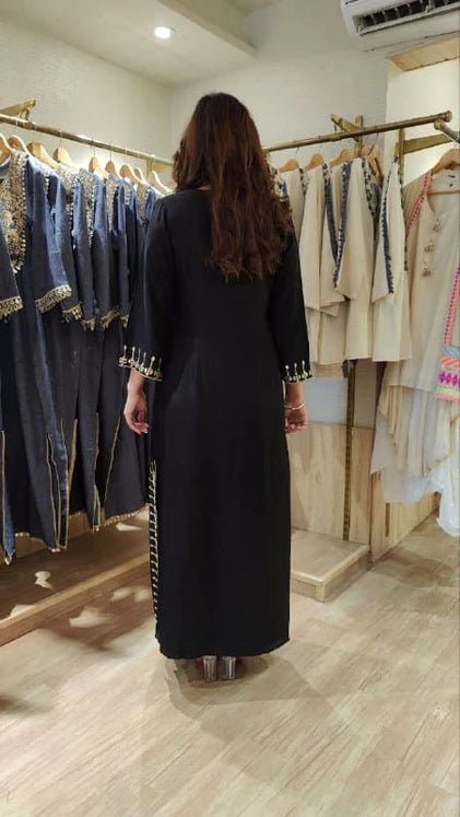 Party Black Viscose Raw Silk Kaftan Dress