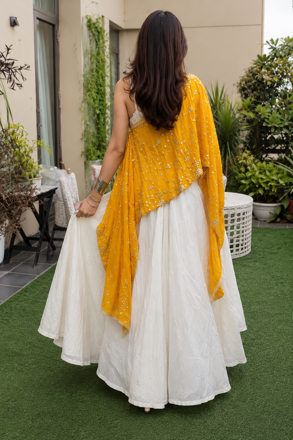 Sunshine Mustard Mirror Work Gaji Silk Cape with Ivory Sharara Set