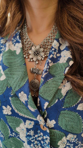 Zoom Floral Hand block Blazer Skirt Set