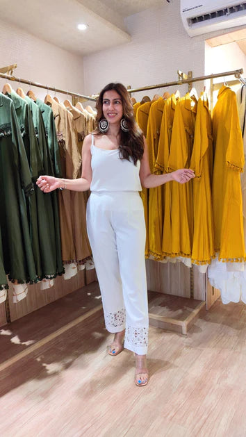 White Cutwork Kurta With Pant And Singlet