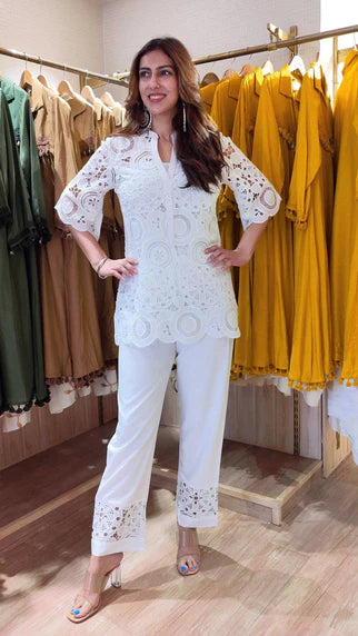 White Cutwork Kurta With Pant And Singlet