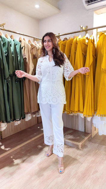 White Cutwork Kurta With Pant And Singlet