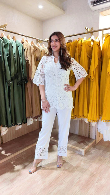 White Cutwork Kurta With Pant And Singlet