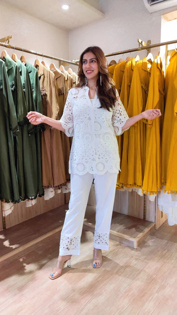 White Cutwork Kurta With Pant And Singlet