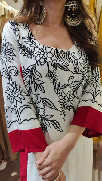 White Red Soft Rayon Embroidered Kurta Pant Set