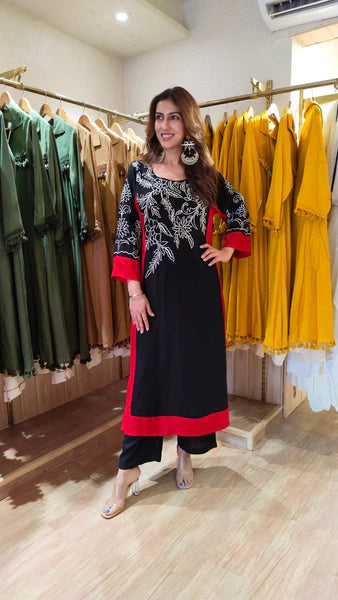 White Red Soft Rayon Embroidered Kurta Pant Set