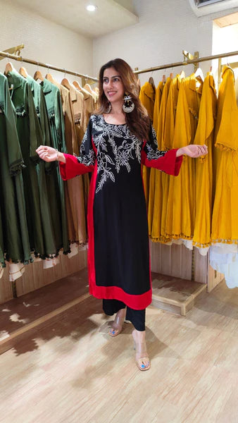 White Red Soft Rayon Embroidered Kurta Pant Set