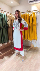 White Red Soft Rayon Embroidered Kurta Pant Set