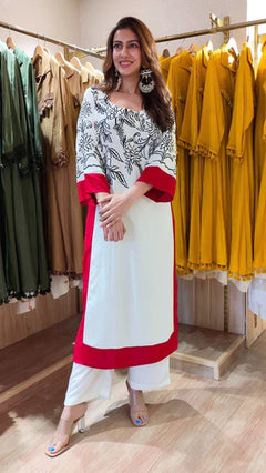 White Red Soft Rayon Embroidered Kurta Pant Set