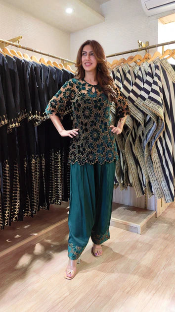 Green Velvet Cutwork 3 Piece Farshi Set