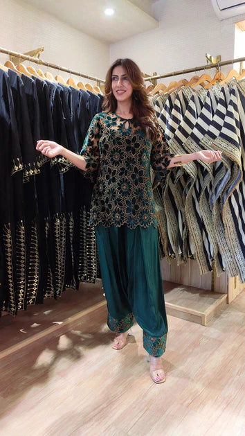Green Velvet Cutwork 3 Piece Farshi Set