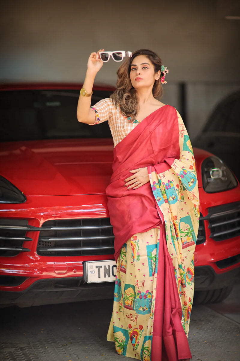 Red Mul Cotton Handcrafted Saree