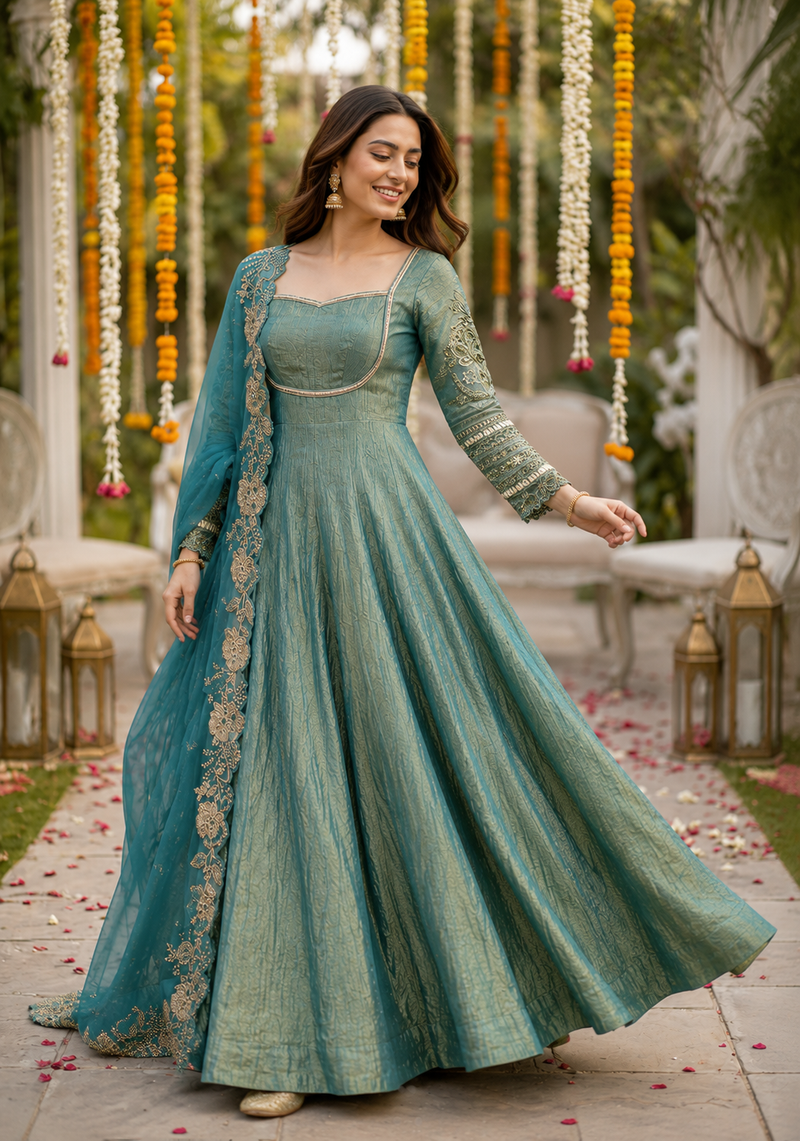 Sage Green Embroidered Anarkali Gown Set with Organza Dupatta