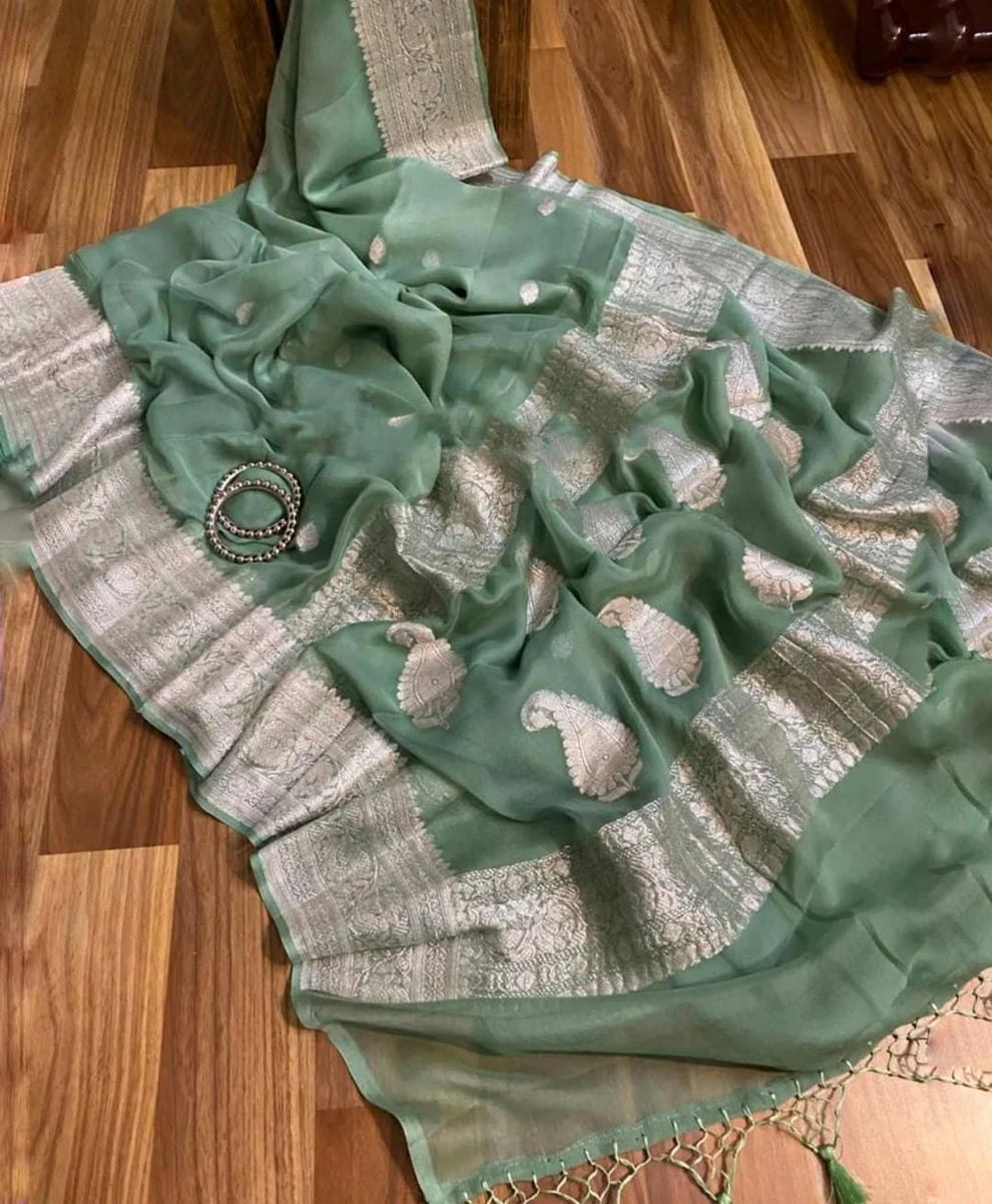 Mint Green Chiffon Saree with Silver Zari Woven Border