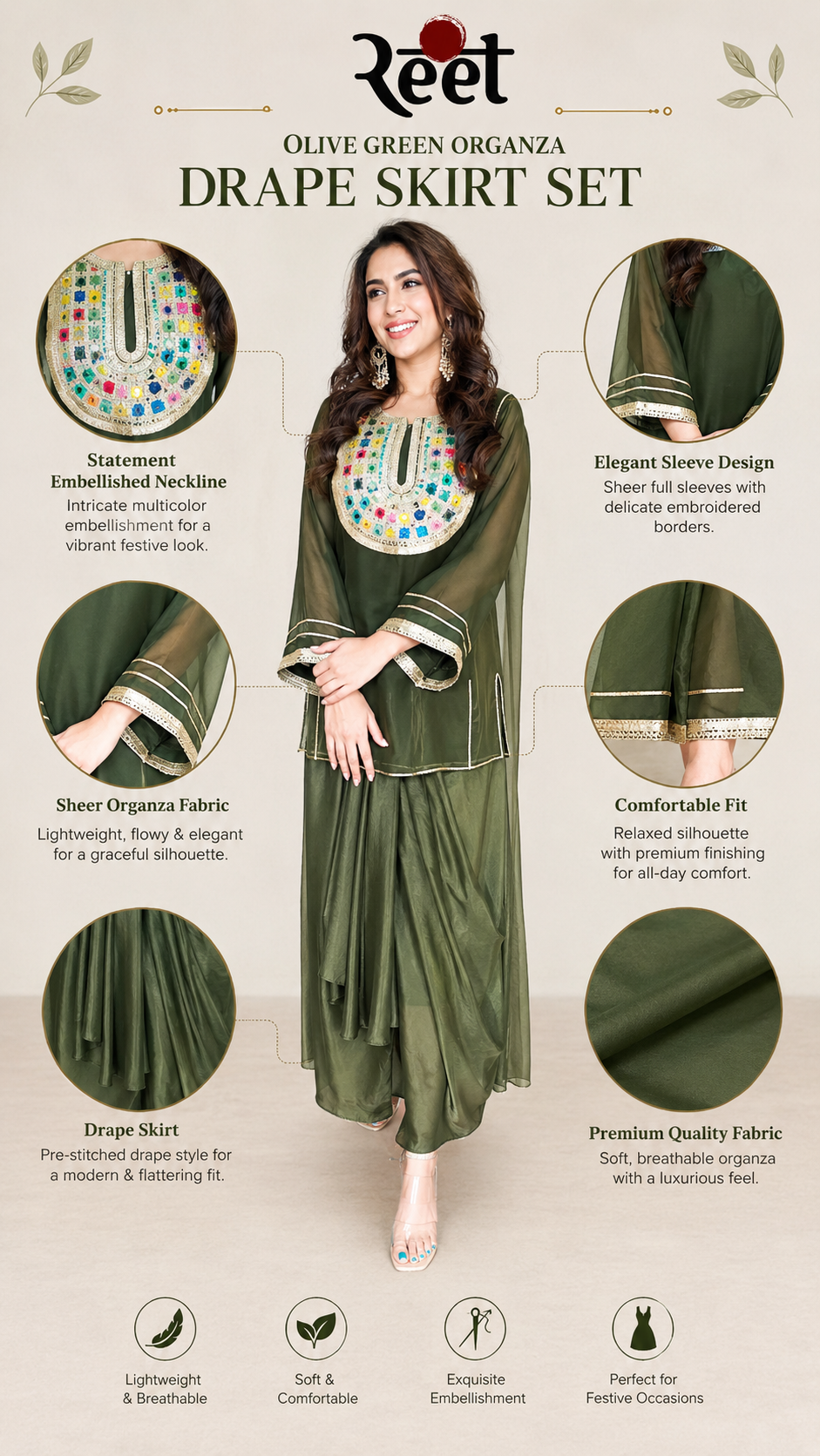Olive Green Organza Drape Skirt Set