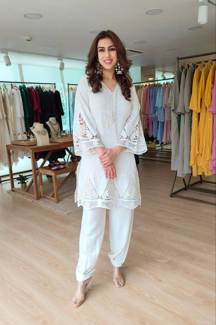 Crochet White Cutwork Co-ord Set