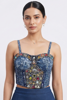 Blue Denim Mirror Work Embroidered Corset Blouse