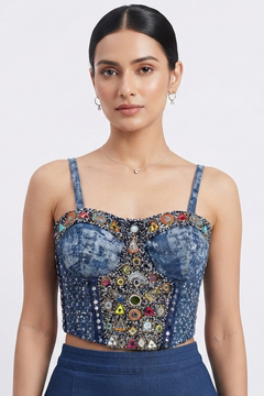 Blue Denim Mirror Work Embroidered Corset Blouse