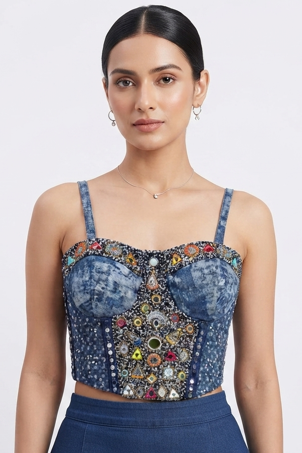 Blue Denim Mirror Work Embroidered Corset Blouse