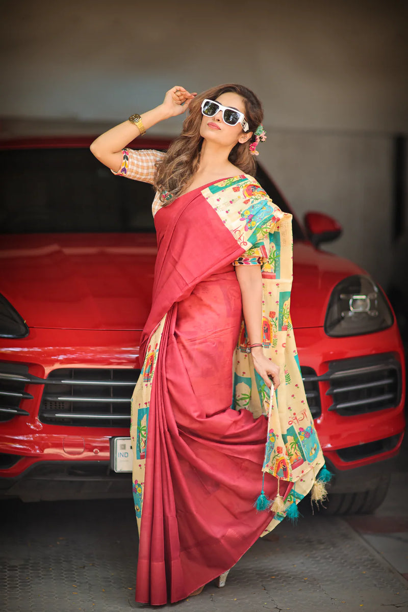 Red Mul Cotton Handcrafted Saree