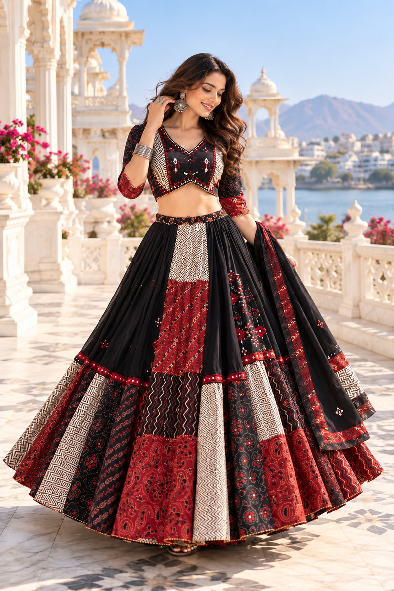 Rang-Riwaayat 8 Meter Flare Khadi Cotton Ajrarkhj Lehenga Set