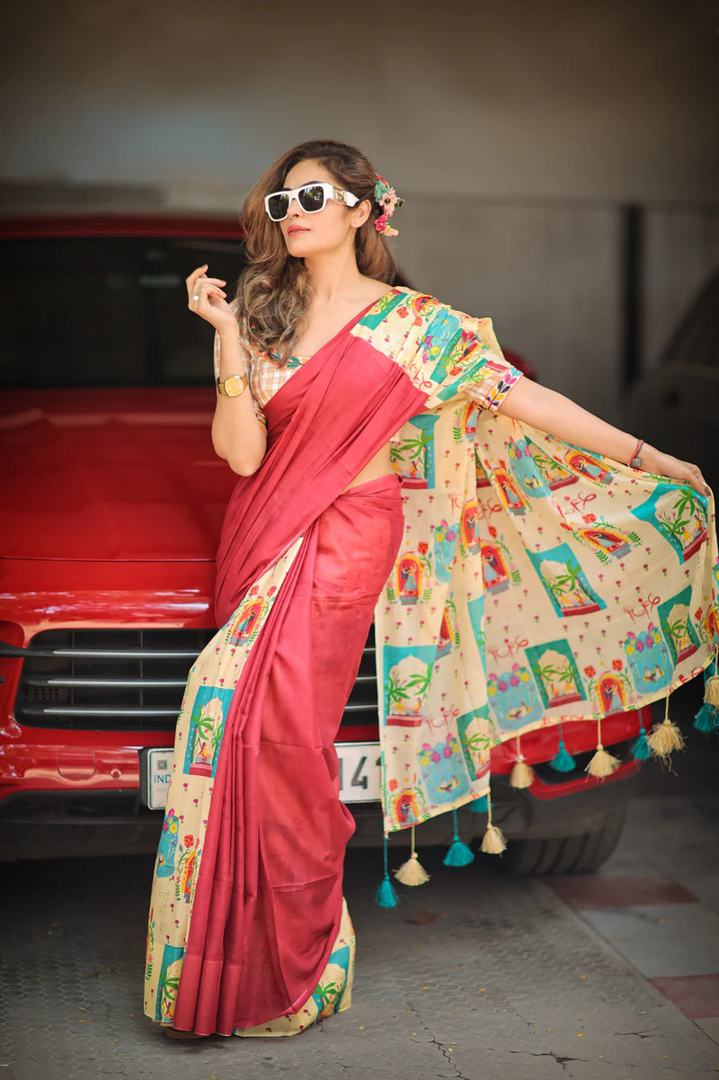 Red Mul Cotton Handcrafted Saree