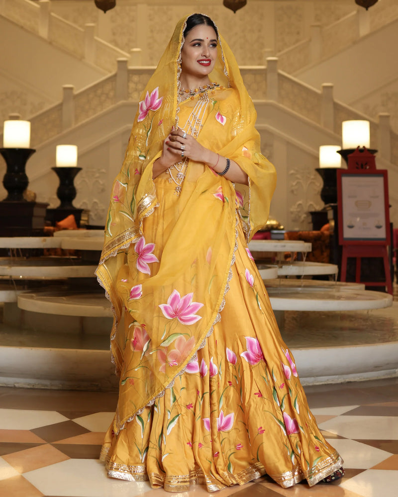 Hand-Painted Floral Satin Lehenga Set