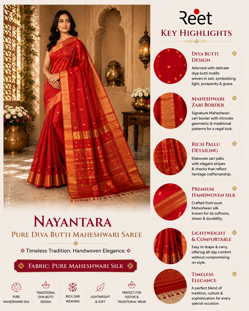NAYANTARA PURE DIYA BUTTI MAHESHWARI SAREE