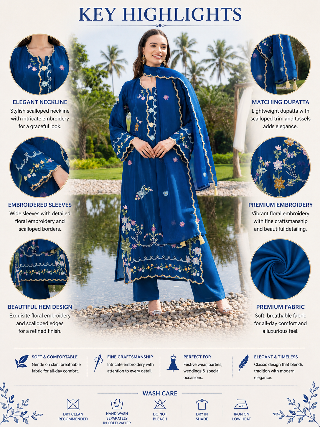 Women's Blue Embroidered Festive Ethnic Suit