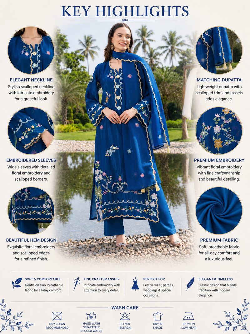 Women's Blue Embroidered Festive Ethnic Suit