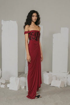 Burgundy Sequin Draped Glamour Gown