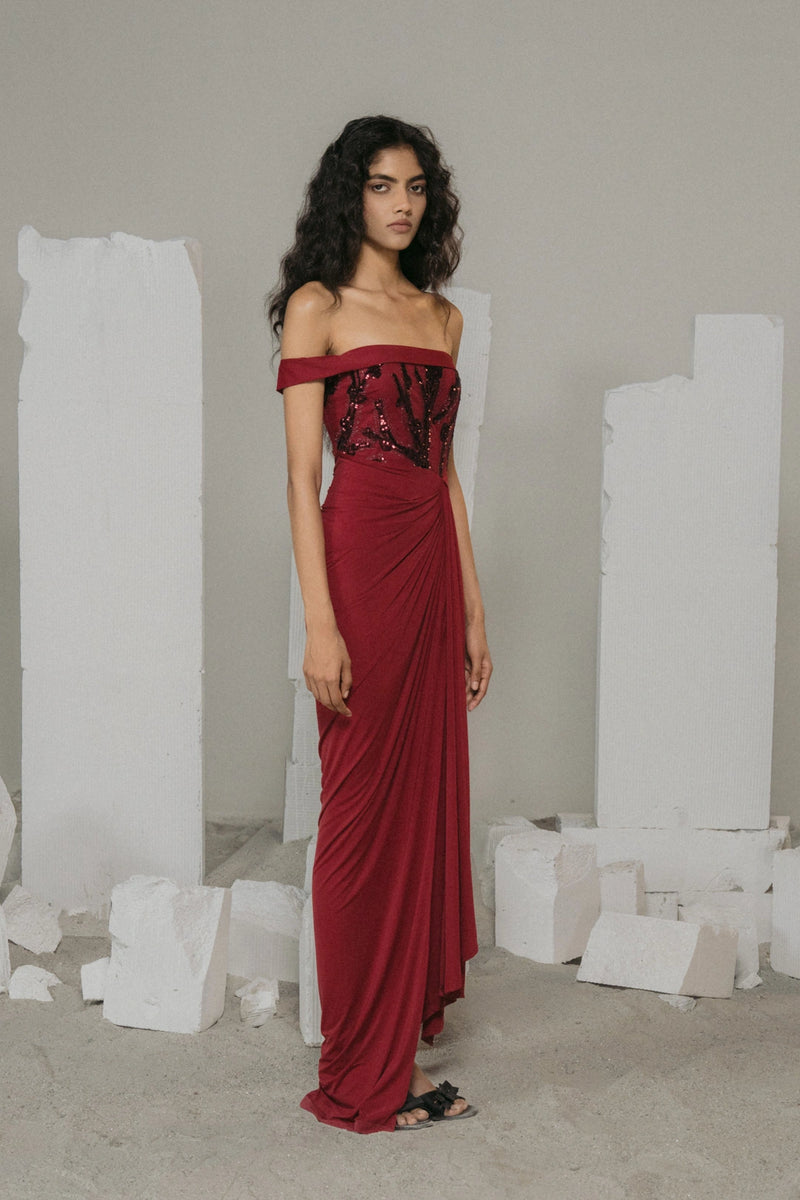 Burgundy Sequin Draped Glamour Gown