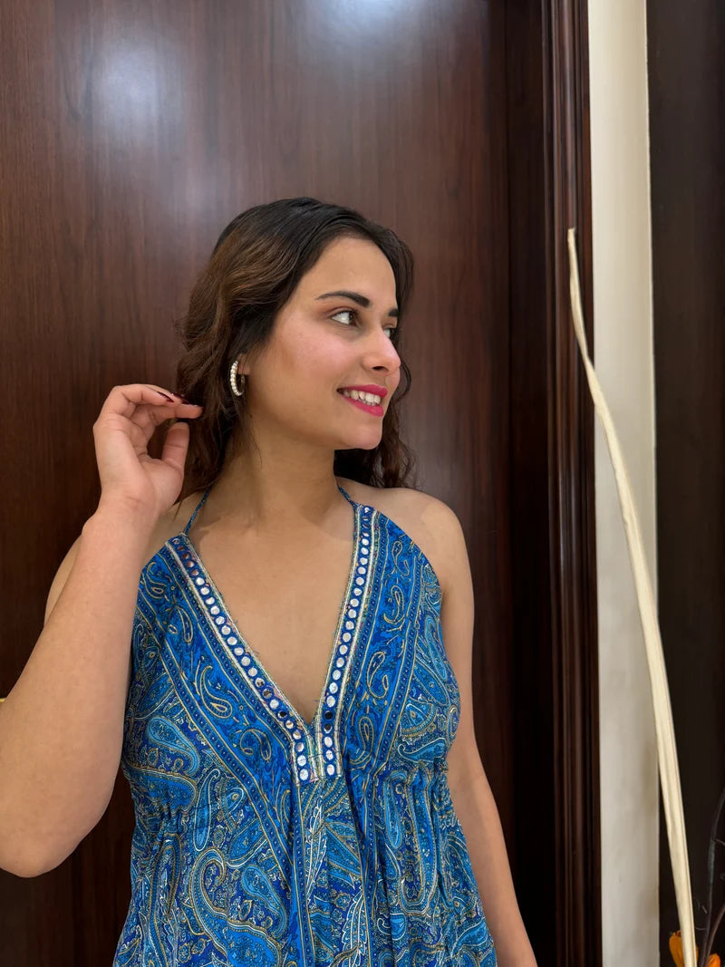 Blue Mirage Paisley Backless Maxi Dress