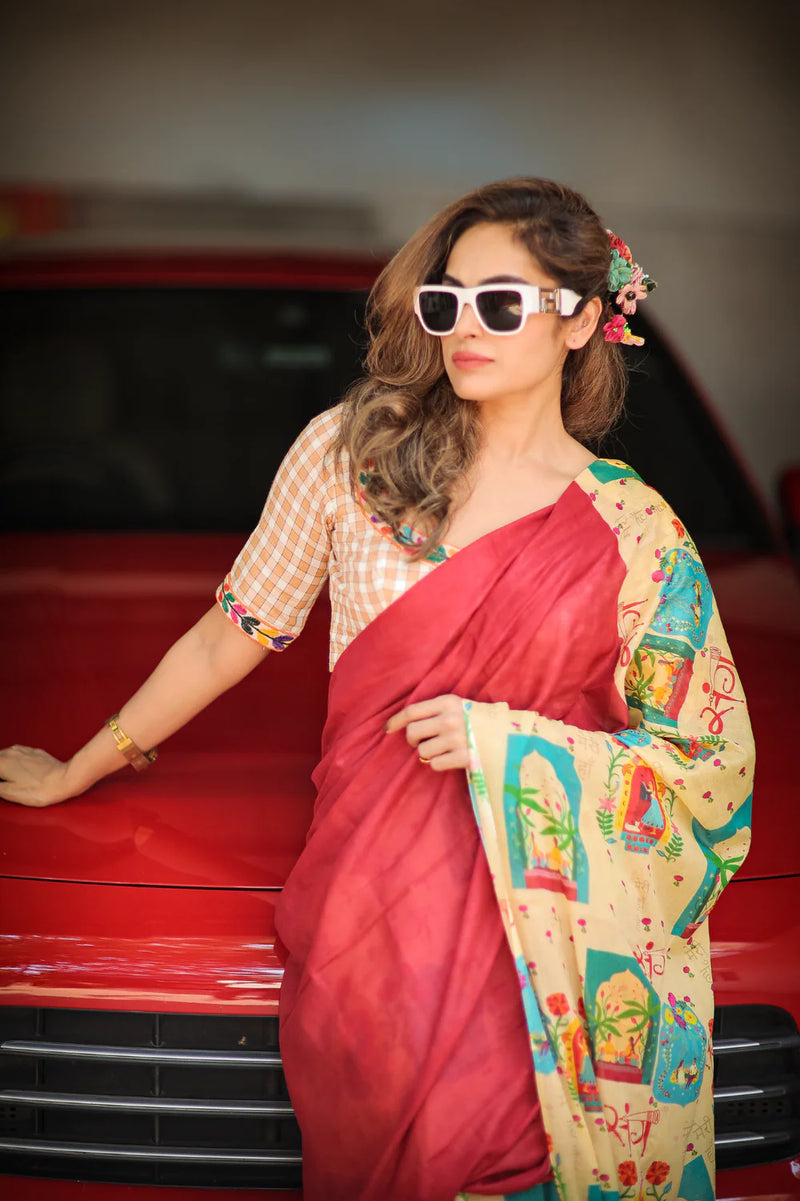 Red Mul Cotton Handcrafted Saree