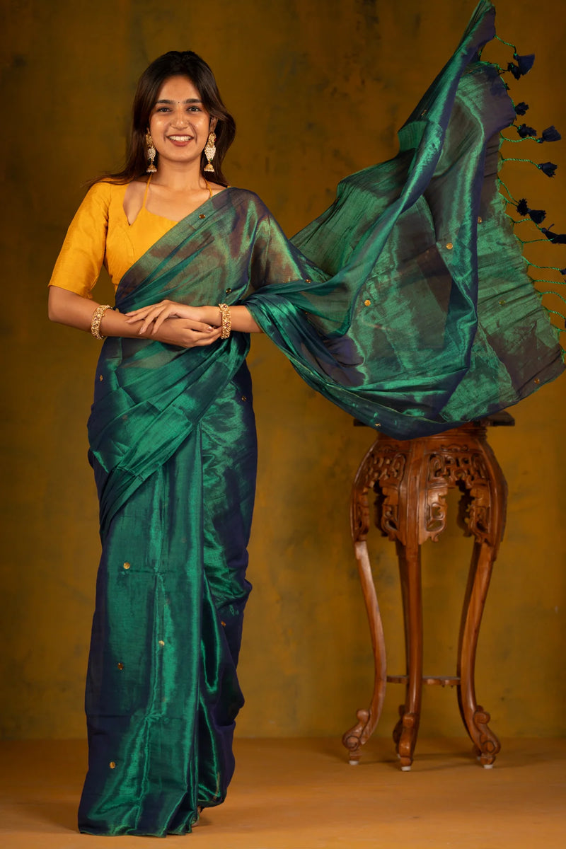 Emerald Green Tissue Mul Cotton Saree