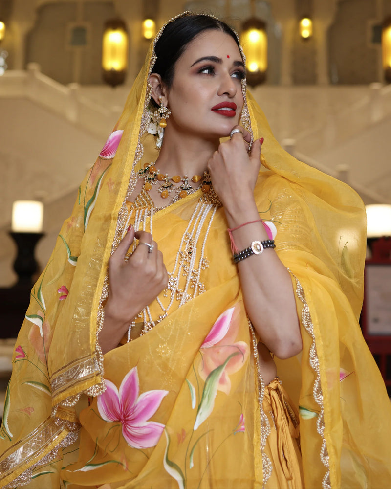 Hand-Painted Floral Satin Lehenga Set