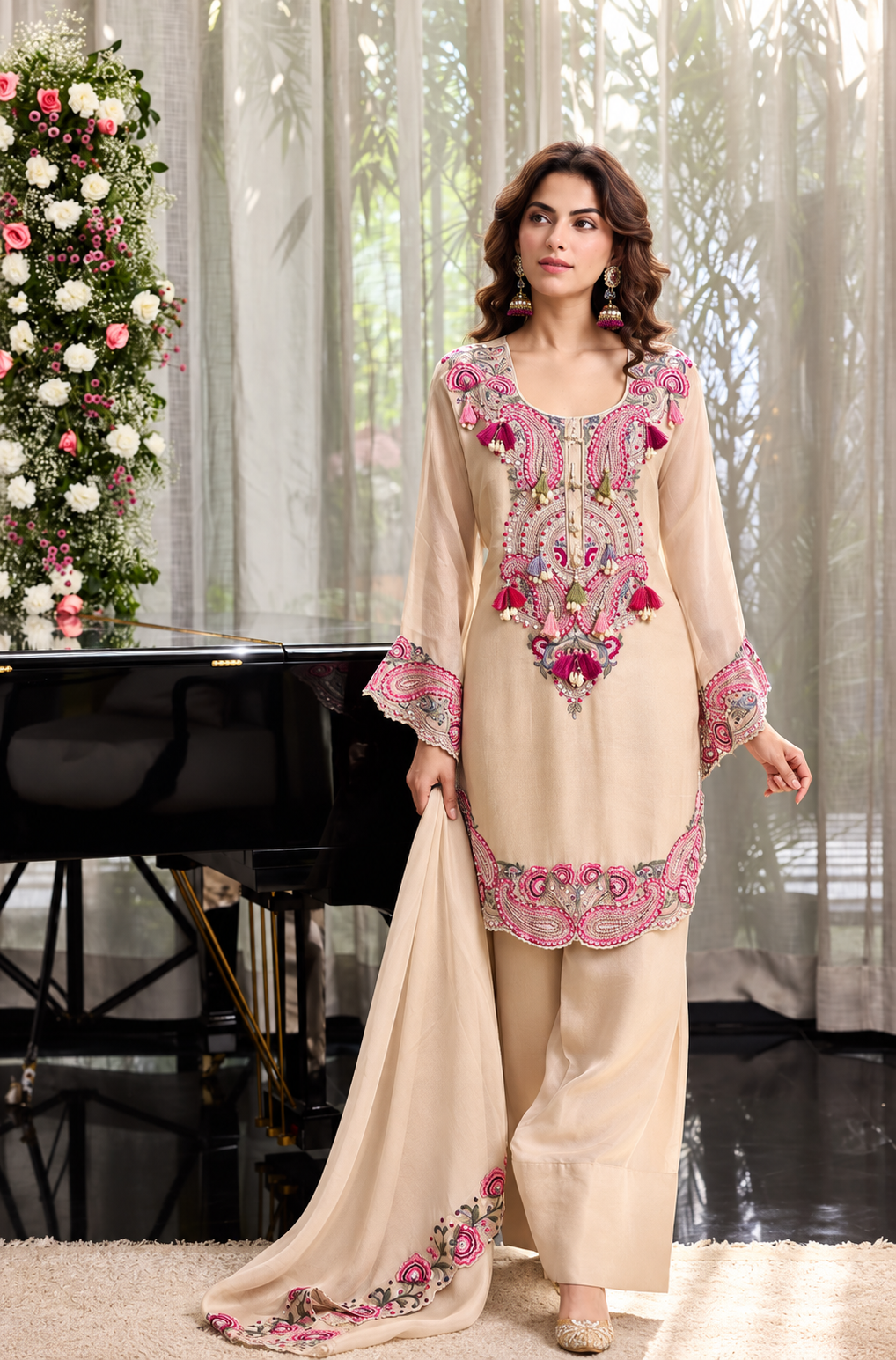 Noor Beige Tissue Embroidered Farsi Salwar Set