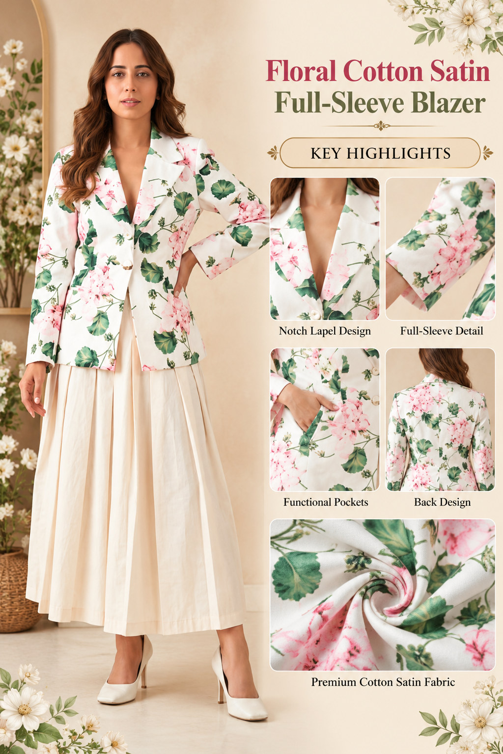 Floral Cotton Satin Full-Sleeve Blazer