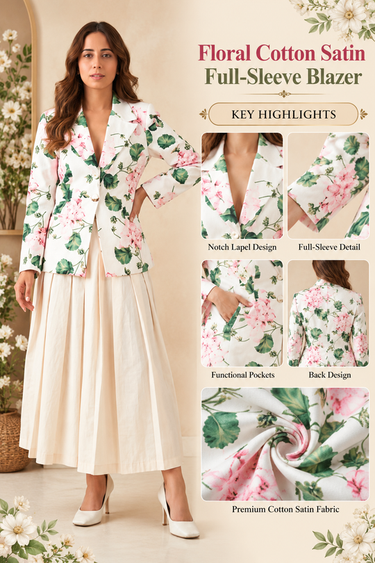 Floral Cotton Satin Full-Sleeve Blazer