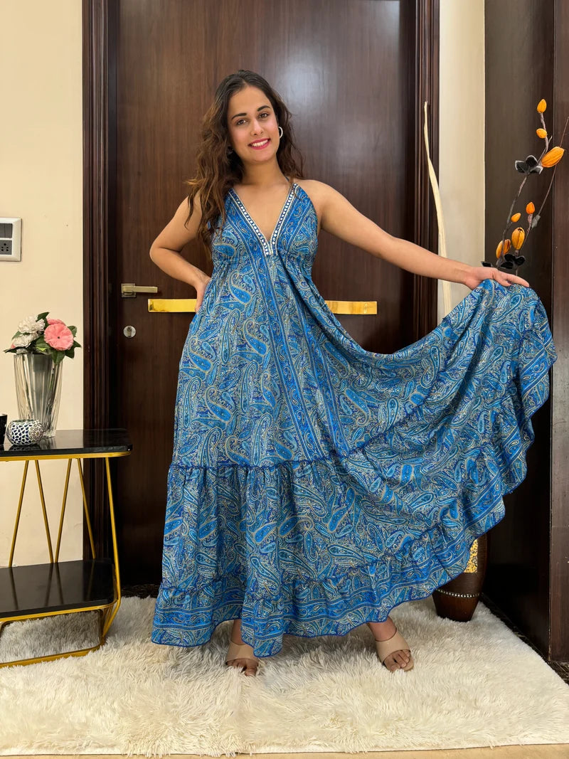 Blue Mirage Paisley Backless Maxi Dress