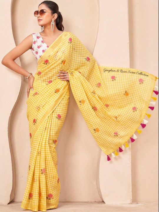 Silk  Floral Checked Woven Design Border Saree
