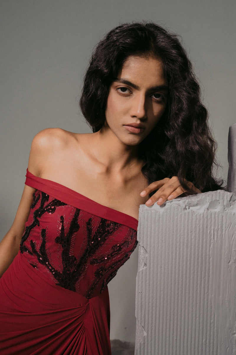 Burgundy Sequin Draped Glamour Gown
