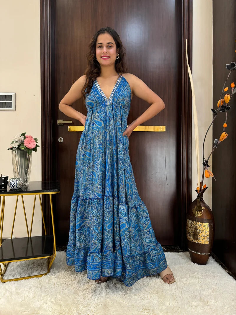 Blue Mirage Paisley Backless Maxi Dress