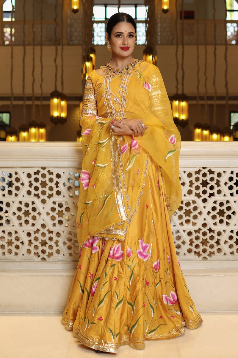 Hand-Painted Floral Satin Lehenga Set