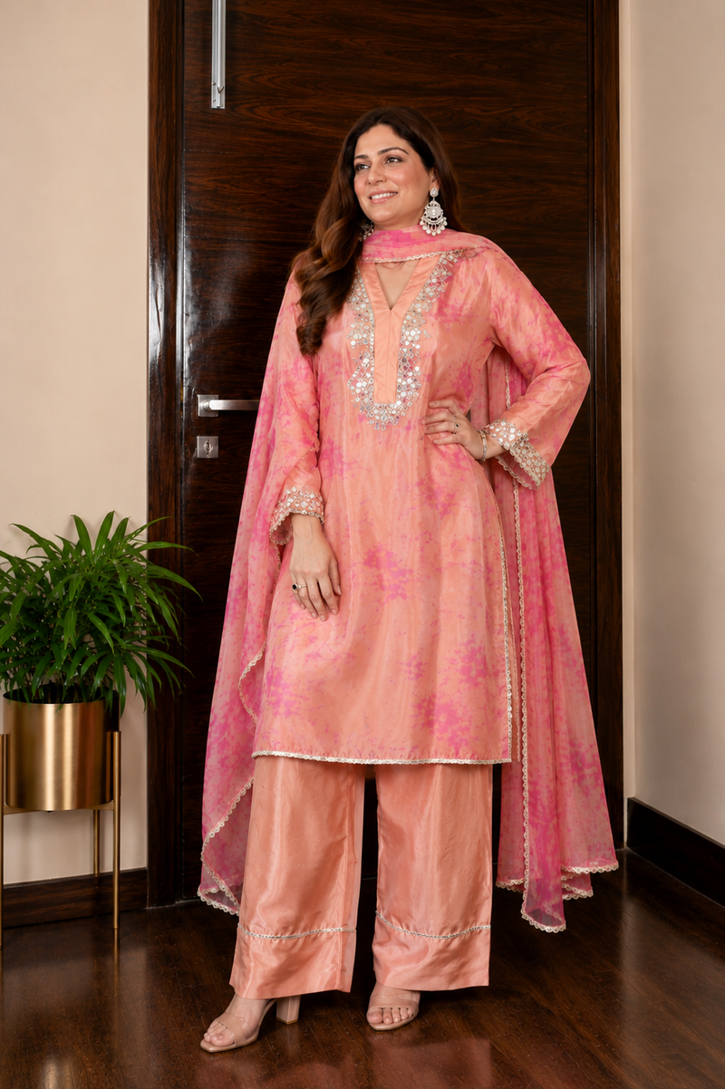 Peach Lavender Mirror Work Suit Set