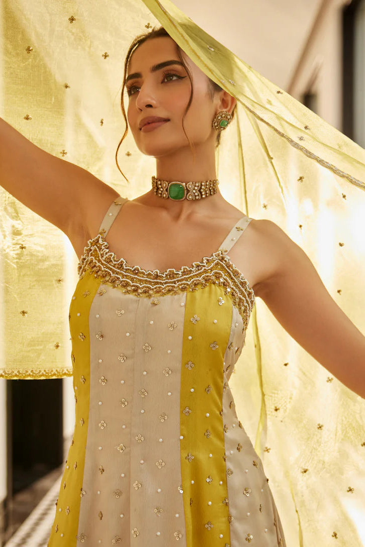 Sunlit Grace Indo-Western Long Anarkali Gown Set with Dupatta