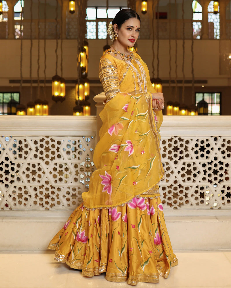 Hand-Painted Floral Satin Lehenga Set
