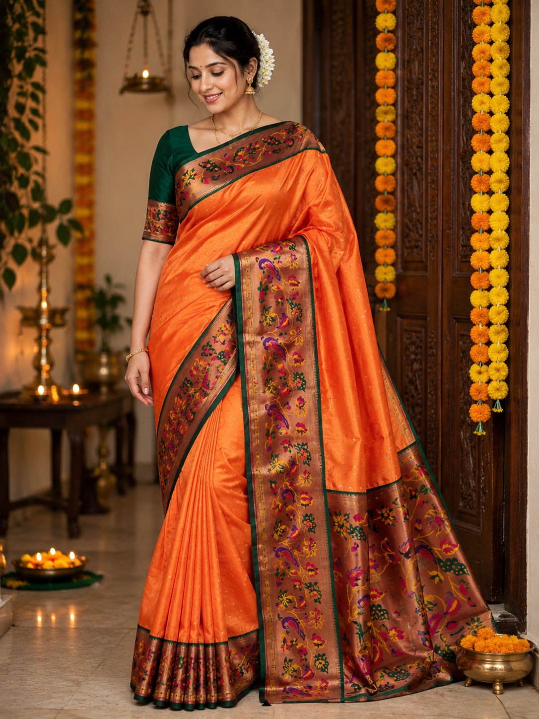 Surmayi Orange Soft Silk Paithani Saree with Lotus & Peacock Copper Zari Pallu